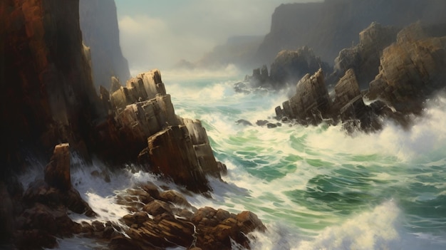 Um litoral acidentado com penhascos rochosos e ondas violentas