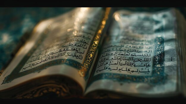 Foto um livro aberto com caligrafia árabe o livro é colocado em um pano azul escuro