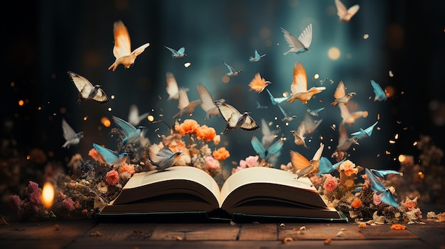 Um livro aberto com pássaros voadores representando a imaginação de histórias de sonho Dia Mundial do Livro