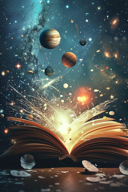 Foto um livro aberto com planetas ao fundo