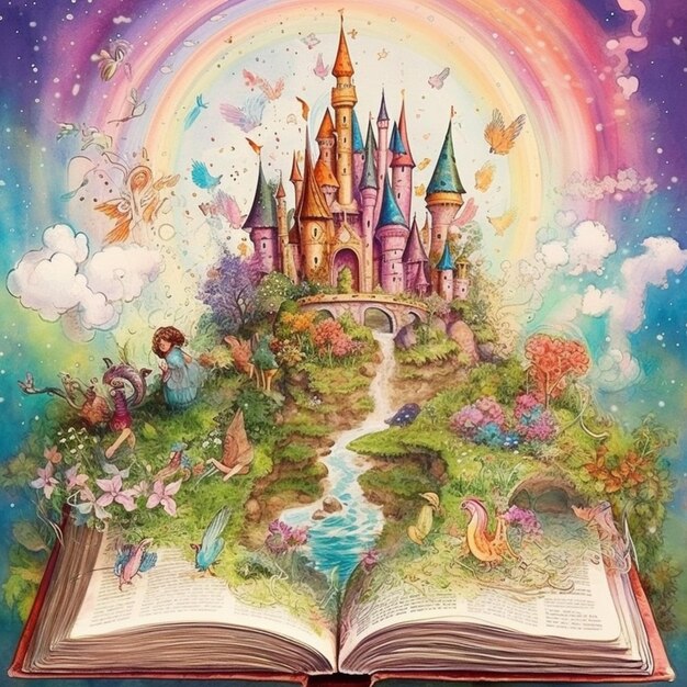 Um livro aberto com um castelo em cima dele e a terra das fadas generativa ai