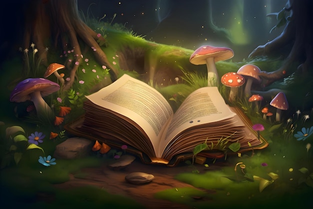 Foto um livro aberto com um mundo mágico em uma floresta de fadas generative ai 5