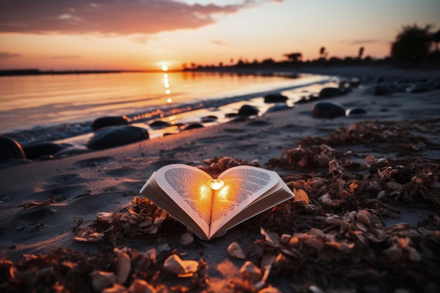 Foto um livro aberto com um papel em forma de coração na praia