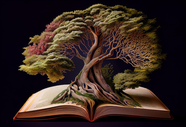 Um livro aberto com uma árvore crescendo nele Generative AI
