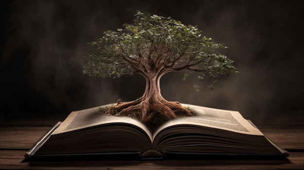 Um livro aberto com uma árvore crescendo nele