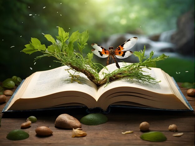 um livro aberto com uma cachoeira de árvores e borboletas saindo dela
