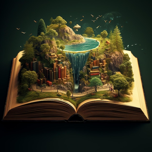 Foto um livro aberto com uma cachoeira e uma cachoeira no meio generativo ai