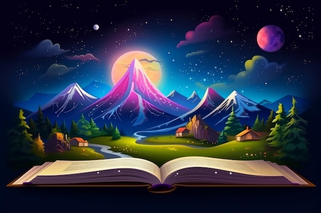 Um livro aberto com uma paisagem montanhosa e uma floresta