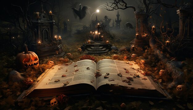Foto um livro aberto contém uma cena com a imagem de um túmulo de halloween