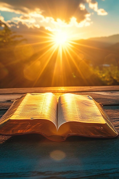 Um livro aberto da Bíblia está sobre a mesa contra o fundo do sol e do pôr-do-sol