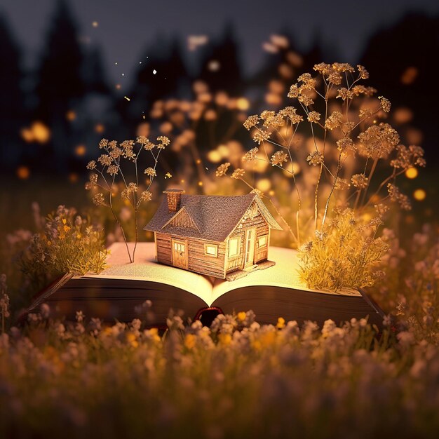 Foto um livro aberto dentro de prados e pequenas árvores e uma pequena casa generativa ai