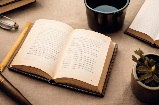 Um livro aberto e uma xícara de café em uma mesa de madeira em um café