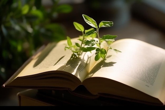 Um livro aberto em uma página com uma planta crescendo