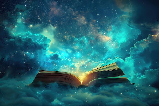 Um livro aberto flutua no mundo atmosférico de nuvens azuis elétricas à noite.