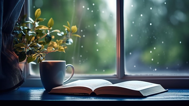 Um livro aberto repousa em uma janela com chuva caindo do lado de fora