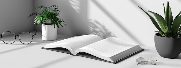 Um livro aberto repousa em uma mesa ao lado de uma pilha de livros e materiais de escritório