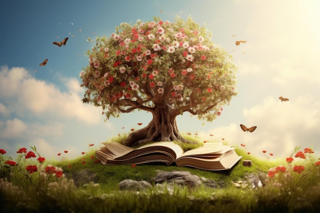 Um livro aberto repousa graciosamente sobre um campo verdejante e vibrante, simbolizando a união harmoniosa da natureza e do conhecimento, flor, macieira e fundo do livro gerado por IA