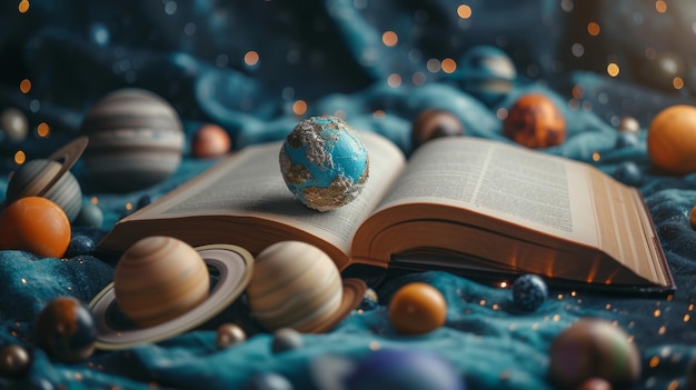 Um livro aberto sobre astronomia cercado por modelos de planetas que convidam à exploração do cosmos