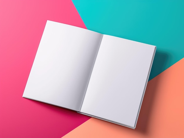Um livro aberto sobre uma maquete de caderno de superfície colorida em padrão de papel geométrico