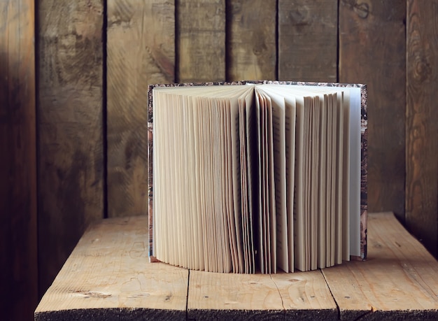 Um livro aberto sobre uma mesa de madeira.