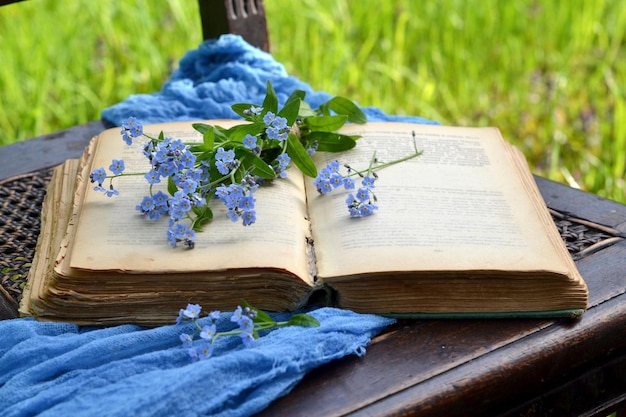 Um livro antigo aberto no jardim um buquê de esquecimentos de fundo