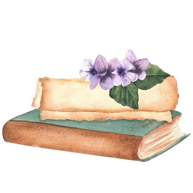 Um livro antigo com capa verde um pergaminho de papel amarelado antigo e pansies sobre ele livro vintage e