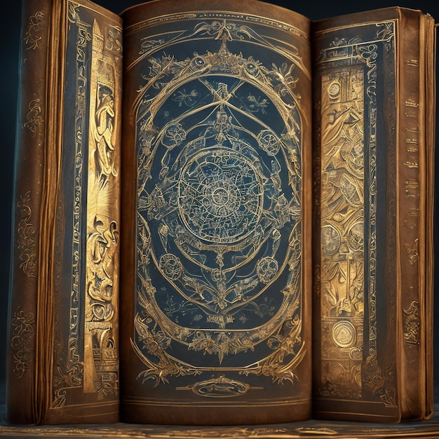 Um livro antigo com gravuras complexas contendo feitiços e encantamentos esquecidos