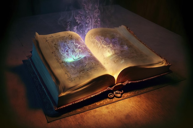 Um livro antigo sobre uma mesa com a capa aberta emite um brilho mágico