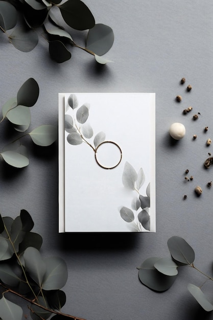 Foto um livro branco com uma folha na capa e um fundo branco.
