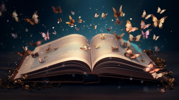 Um livro com borboletas voando para fora dele