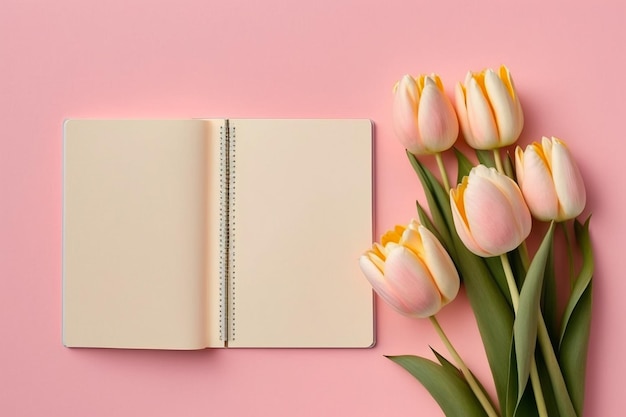 um livro com fundo rosa e um buquê de tulipas.