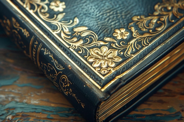 um livro com um desenho dourado na capa e a folha de ouro na parte superior