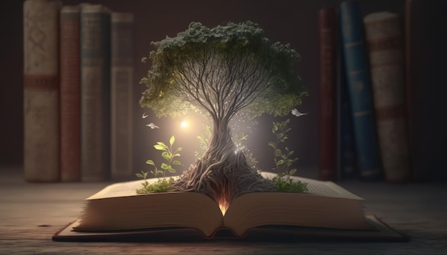 Um livro com uma árvore crescendo nele