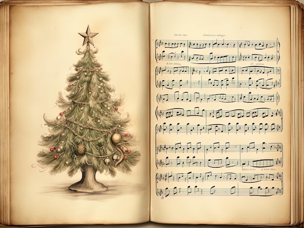 Foto um livro com uma árvore de natal em cima está aberto a uma página que diz a árvore de natal