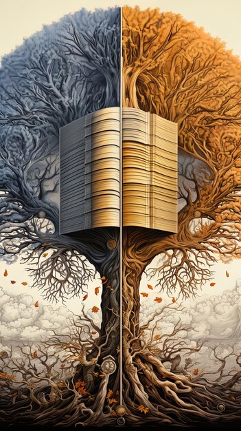 Foto um livro com uma árvore no topo