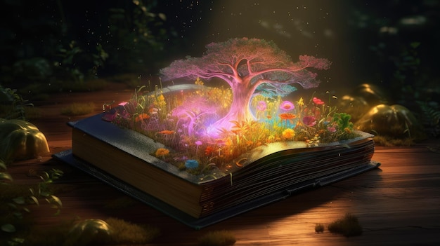 Um livro com uma árvore que se abre para um mundo mágico.