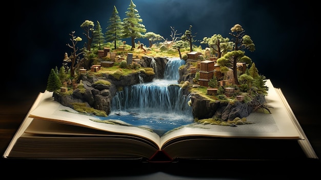 um livro com uma cachoeira ao fundo
