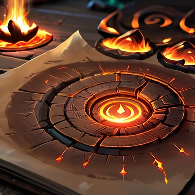 um livro com uma chama que tem um círculo de fogo nele