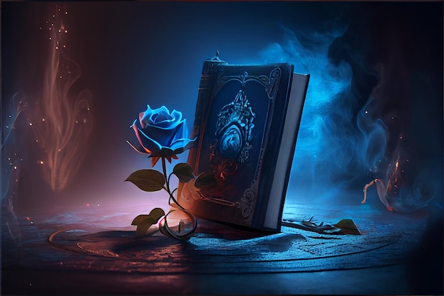 Um livro com uma flor azul nele
