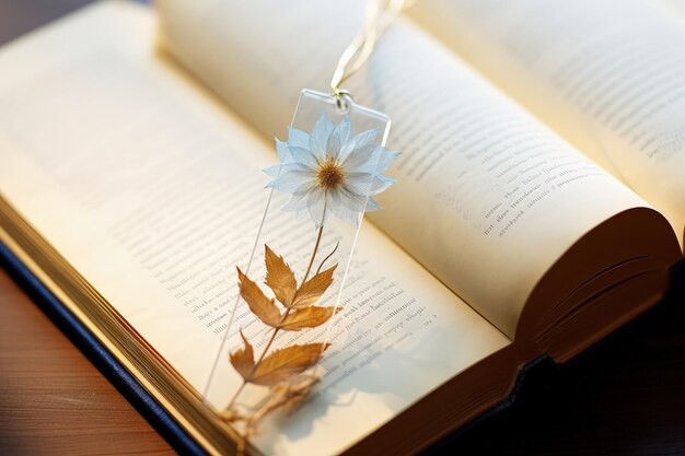 Um livro com uma flor em cima.