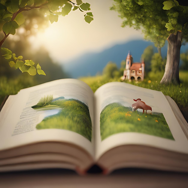 Foto um livro com uma foto de um dinossauro na página de um livro com uma casa em cima