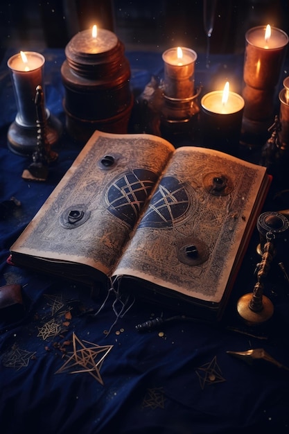 Foto um livro com uma vela e velas