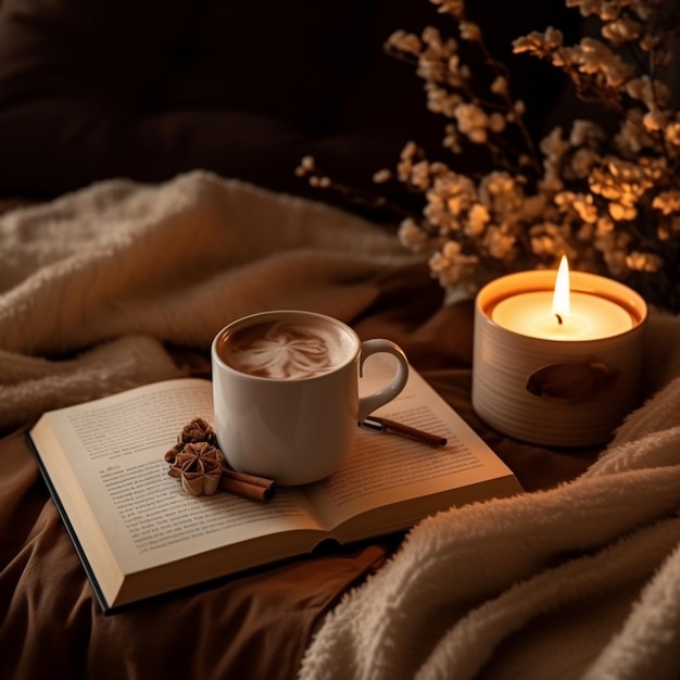 Um livro com uma xícara de café e uma vela em um cobertor