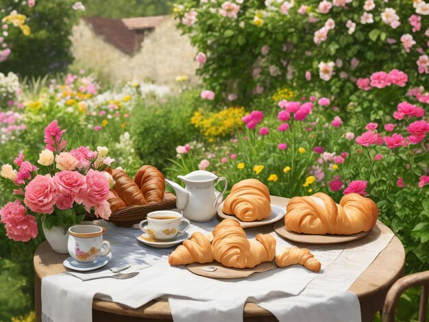 Foto um livro croissants e flores em uma mesa no jardim ai gerado