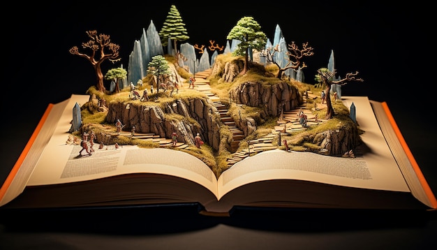 Um livro de histórias aberto com a imagem da história em cima do livro em 3D