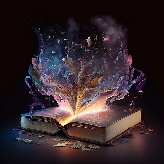 Um livro é aberto para um feitiço mágico que está sendo iluminado.
