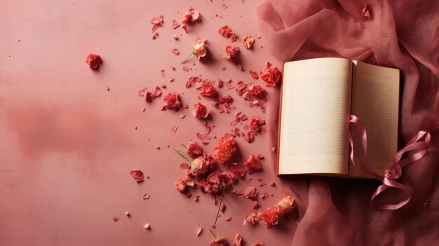 Um livro e flores num pano rosa com fita ai