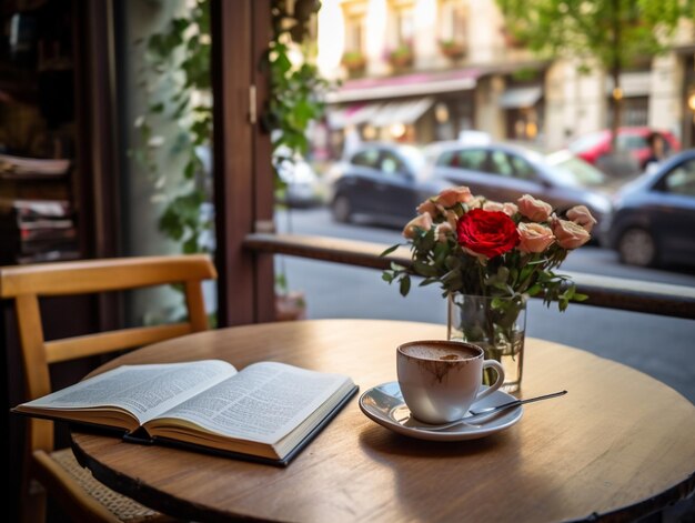 Um livro e uma xícara de café sobre uma mesa com um livro sobre ele