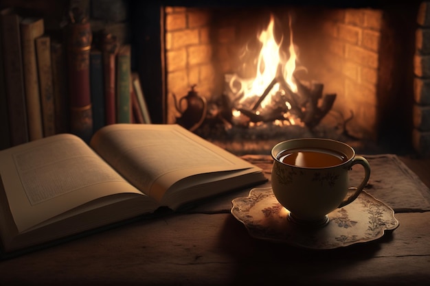 Um livro e uma xícara de chá estão sobre uma mesa em frente à lareira.