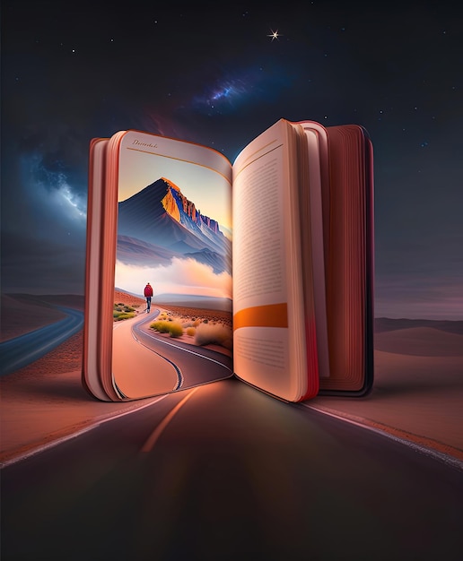 Um livro em pé se abre e um caminho emerge da página esquerda